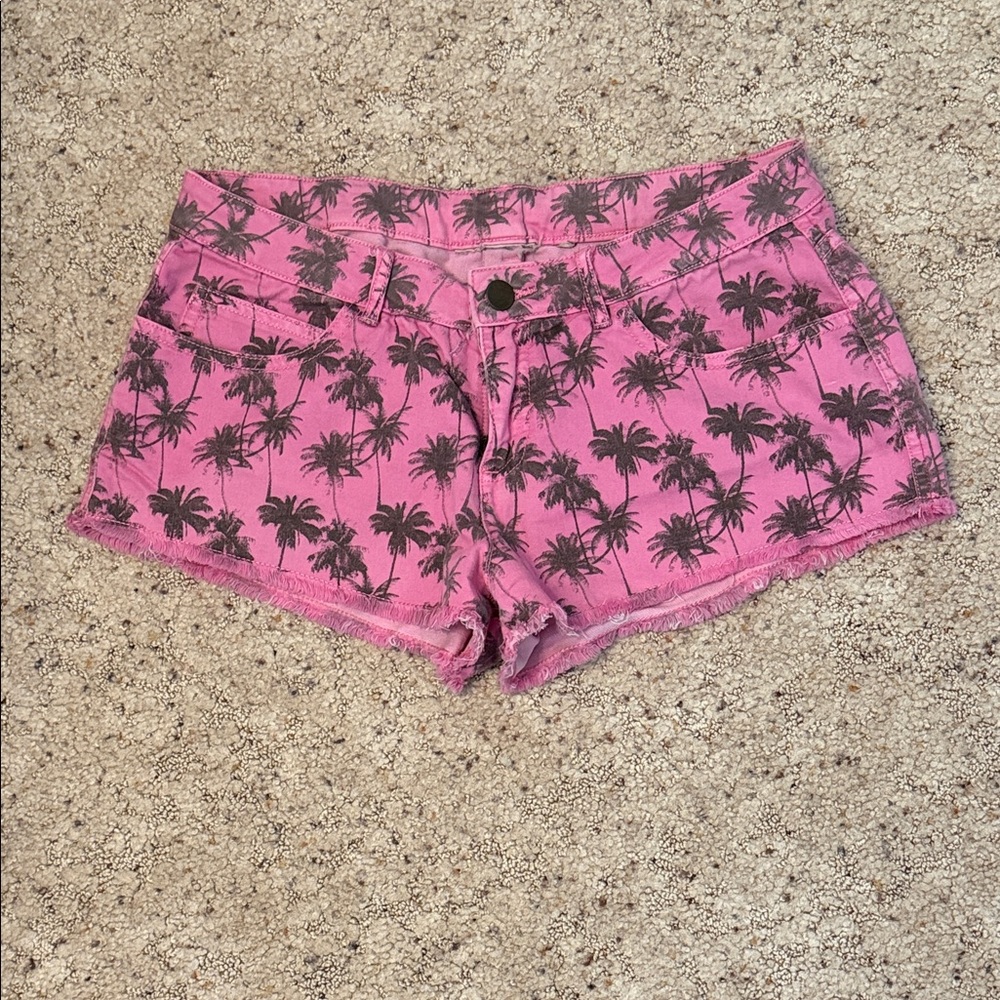 Pink Palm Print Women's Denim Shorts